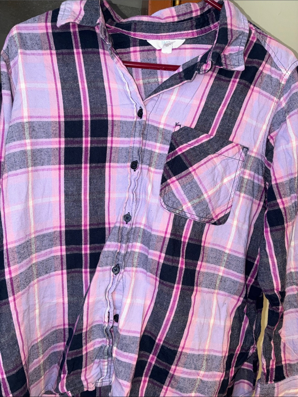 Time and Tru Pink and Black Plaid Button-Down Shirt
